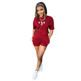 L285247-1 Women Fitness Clothing Fashion Summer Short-sleeve Alphabet Sports Suit (Color: Red, size: S)